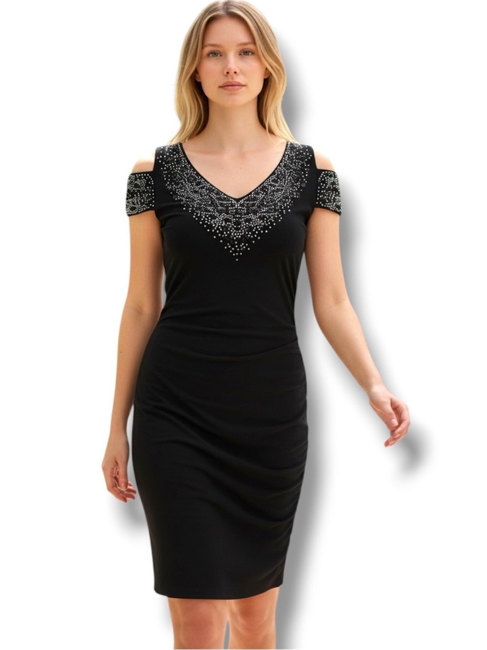 Cache Black Cold-Shoulder Midi Dress with Silver Beaded V-Neck. Women’s Size 6